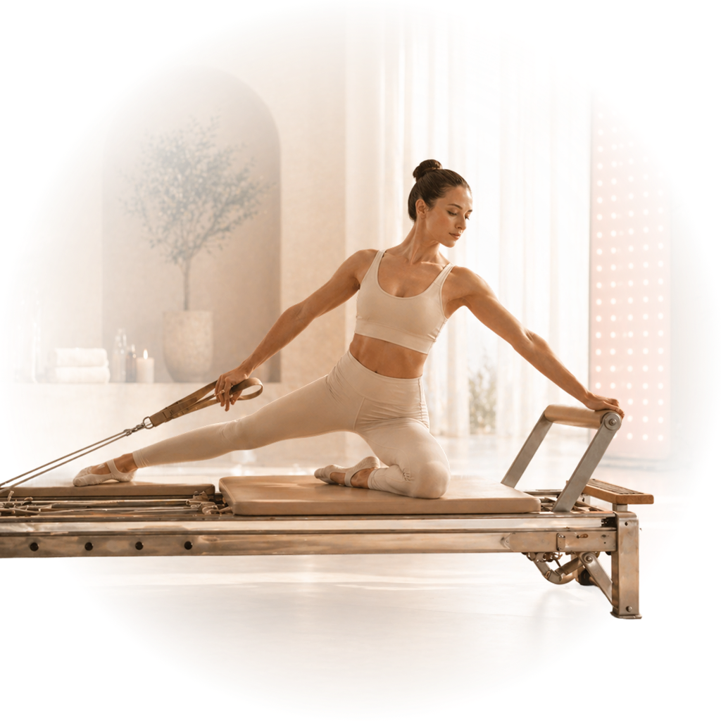 Žena cvičící boční protažení na Pilates Reformeru