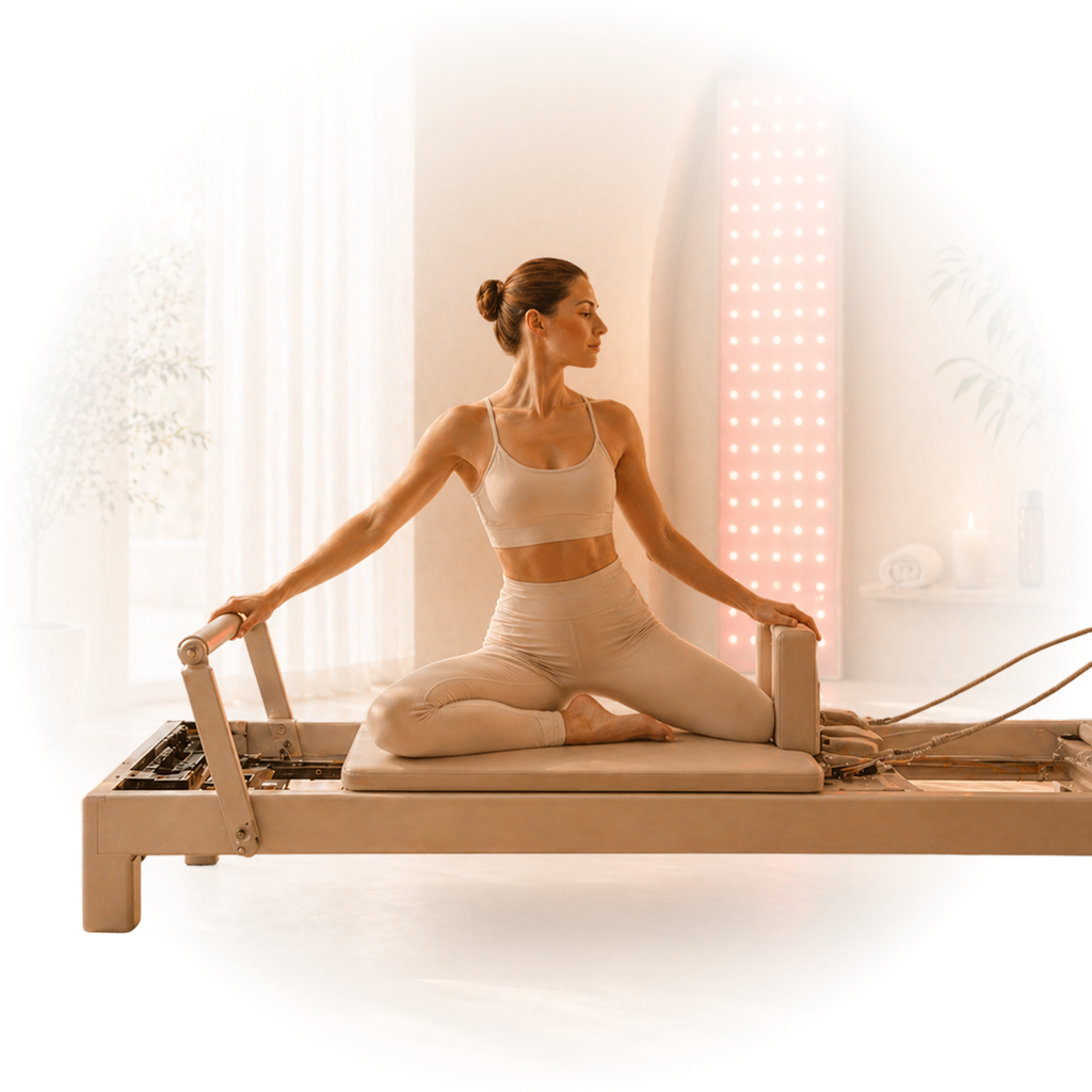 Žena cvičící Pilates na Reformeru u panelu červeného světla v BodyLume studiu