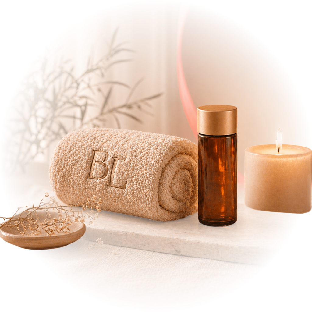 BodyLume signature ručník s monogramem BL, aromatický olej a svíčka