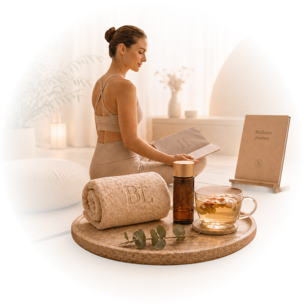 Klientka BodyLume při ranním rituálu — wellness deník, čaj a aromatický olej